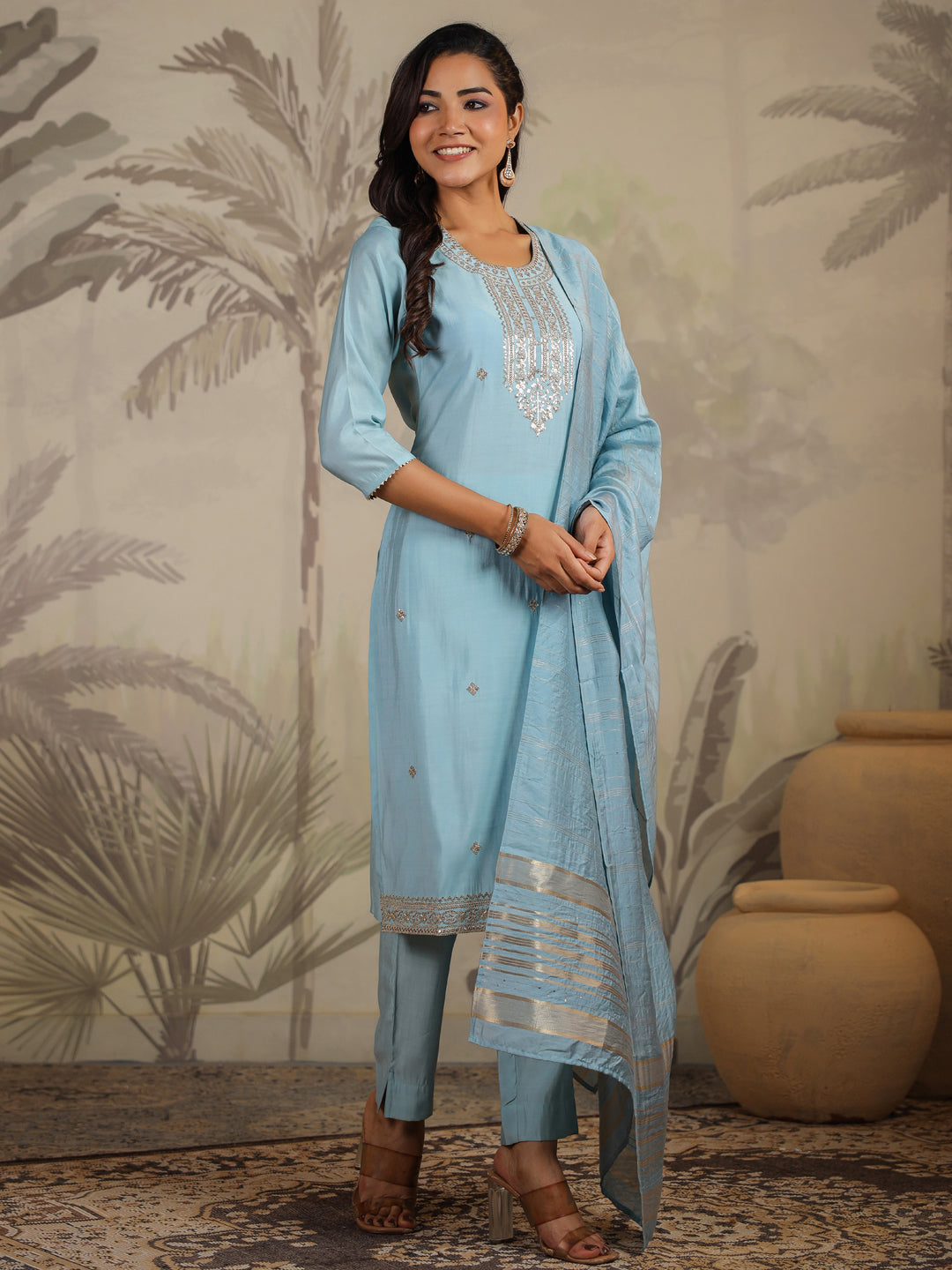 Janasya Light Chanderi Embroidered Straight Kurta Set 