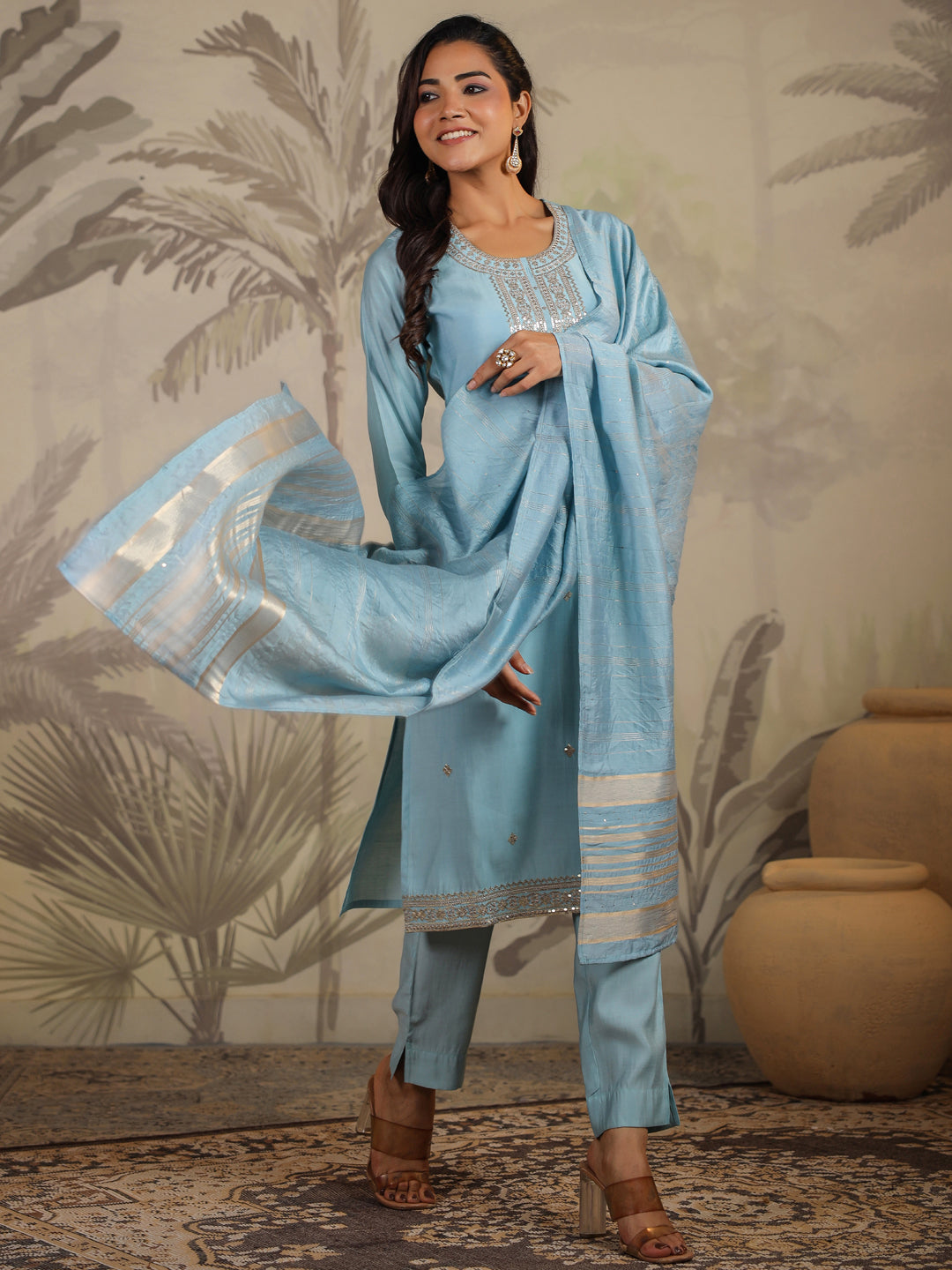 Janasya Light Chanderi Embroidered Straight Kurta Set 