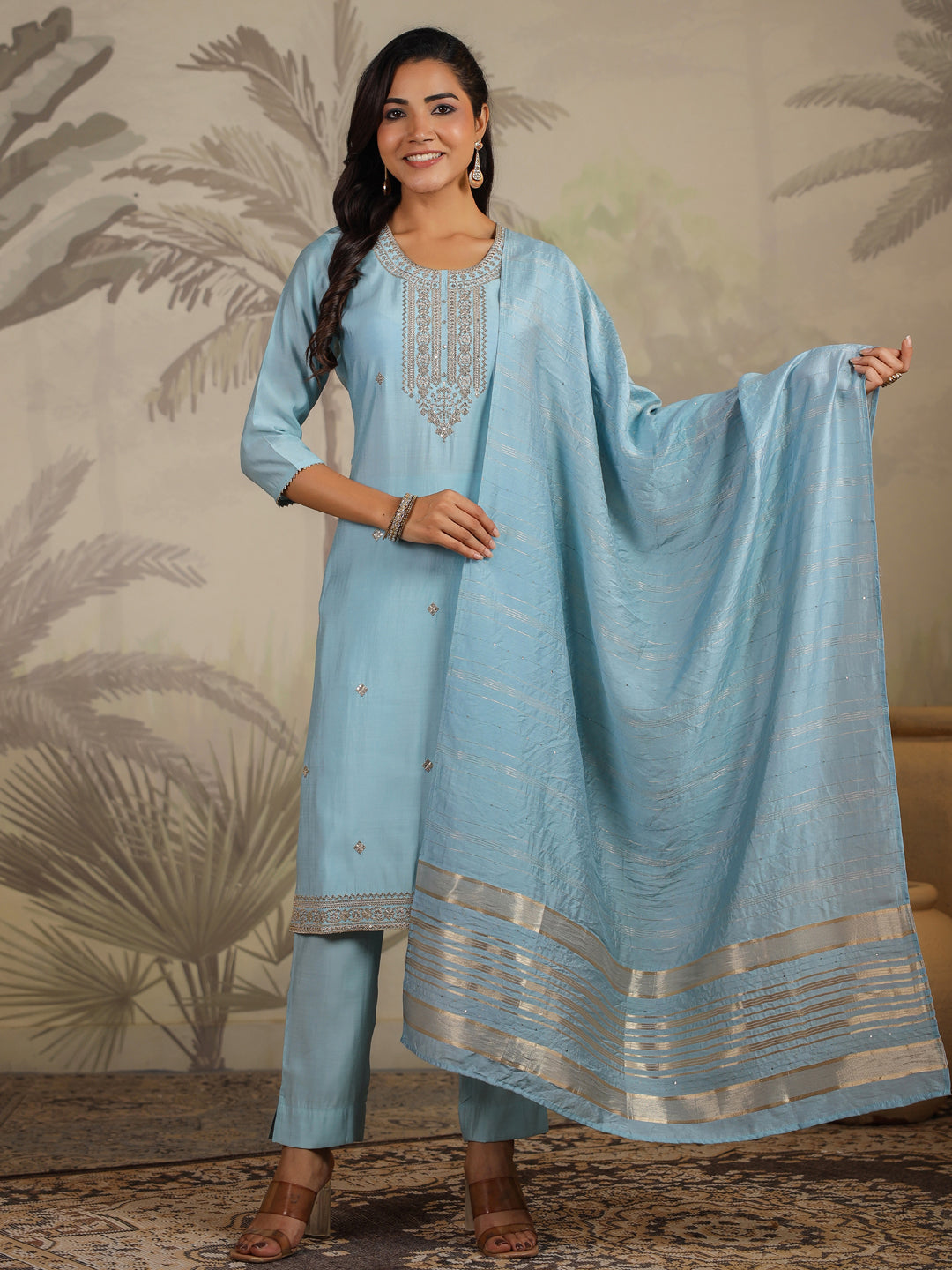 Janasya Light Chanderi Embroidered Straight Kurta Set 