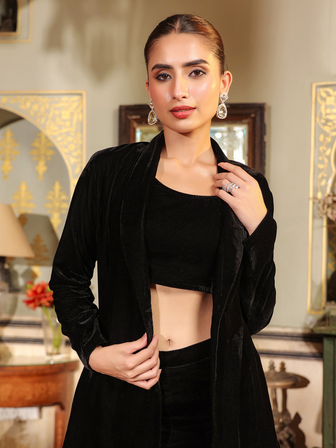 Janasya Black Velvet Solid Top,Bottom & Jacket 