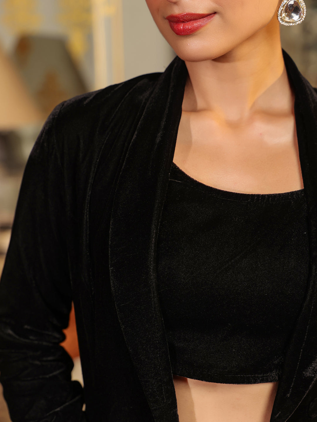 Janasya Black Velvet Solid Top,Bottom & Jacket 