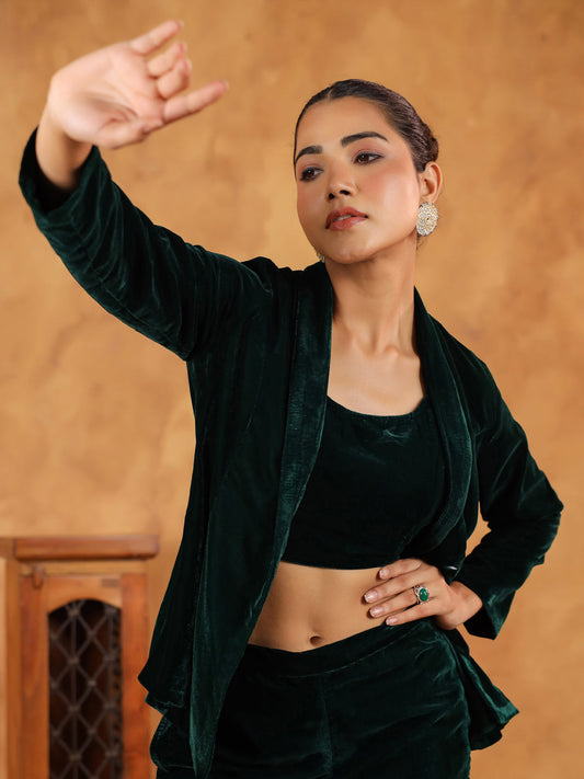 Janasya Green Velvet Solid Top,Bottom & Jacket 