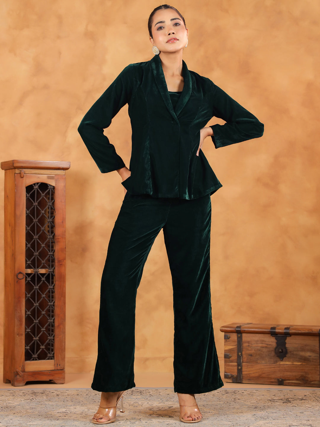 Janasya Green Velvet Solid Top,Bottom & Jacket 