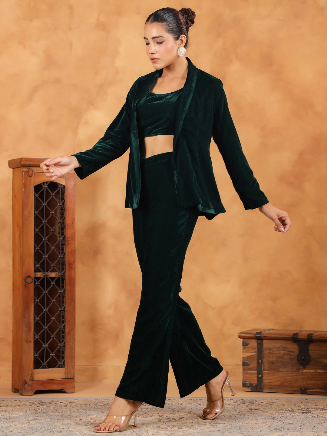 Janasya Green Velvet Solid Top,Bottom & Jacket 