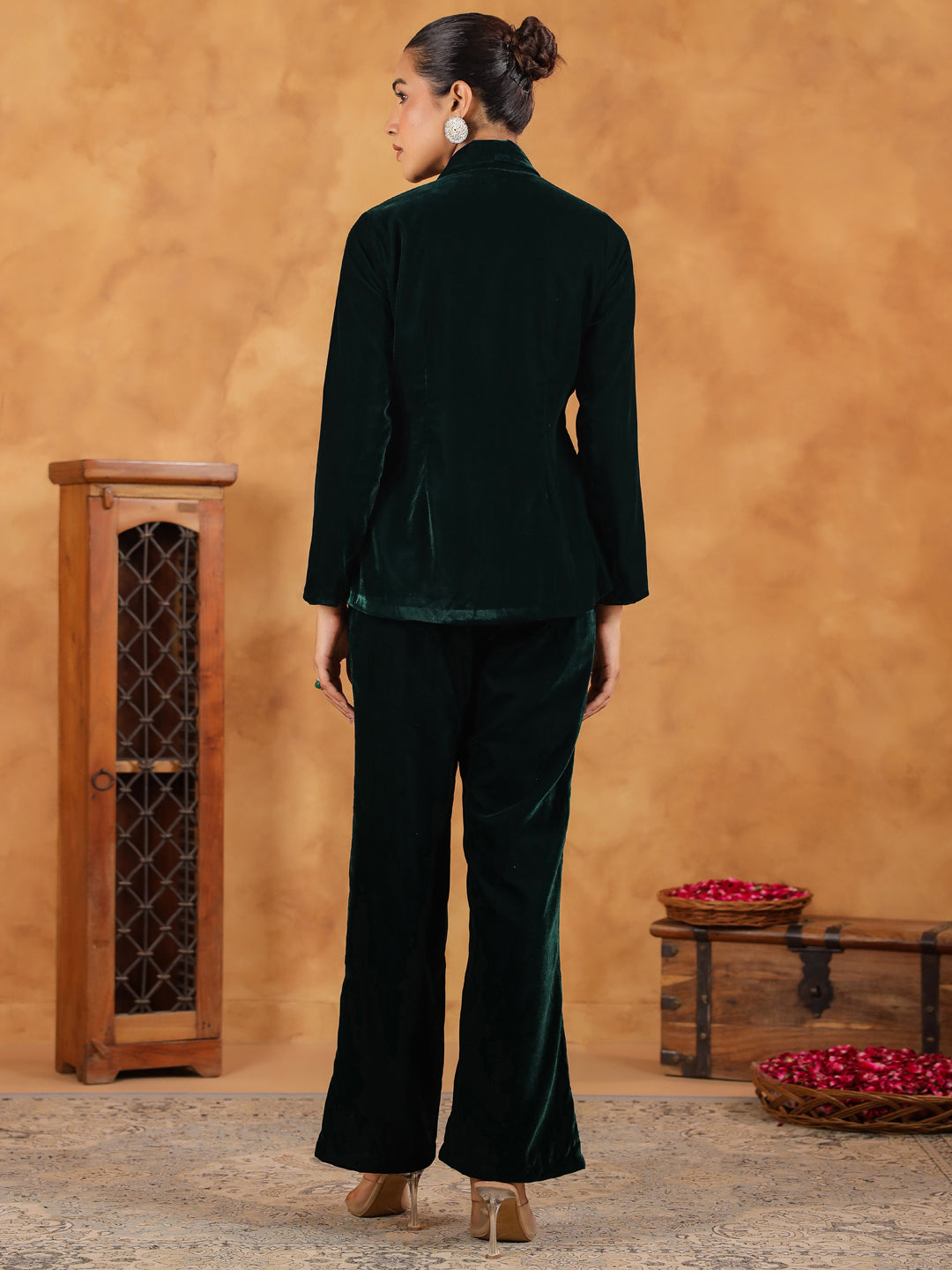 Janasya Green Velvet Solid Top,Bottom & Jacket 