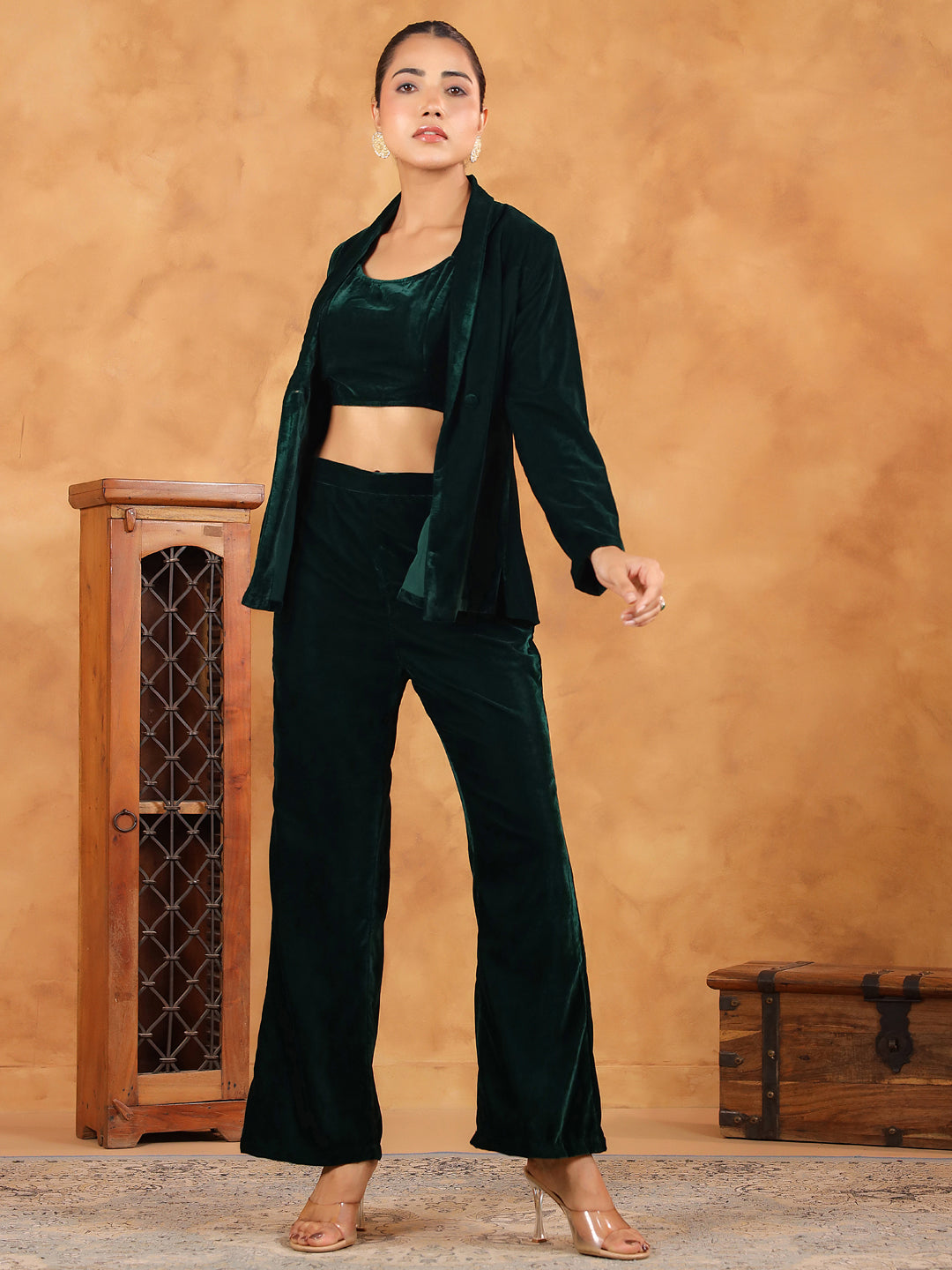 Janasya Green Velvet Solid Top,Bottom & Jacket 