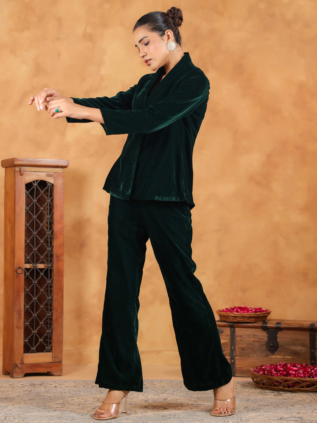 Janasya Green Velvet Solid Top,Bottom & Jacket 
