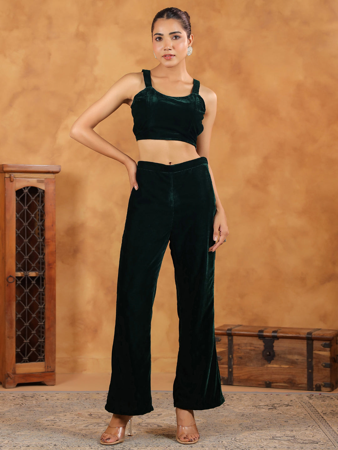 Janasya Green Velvet Solid Top,Bottom & Jacket 