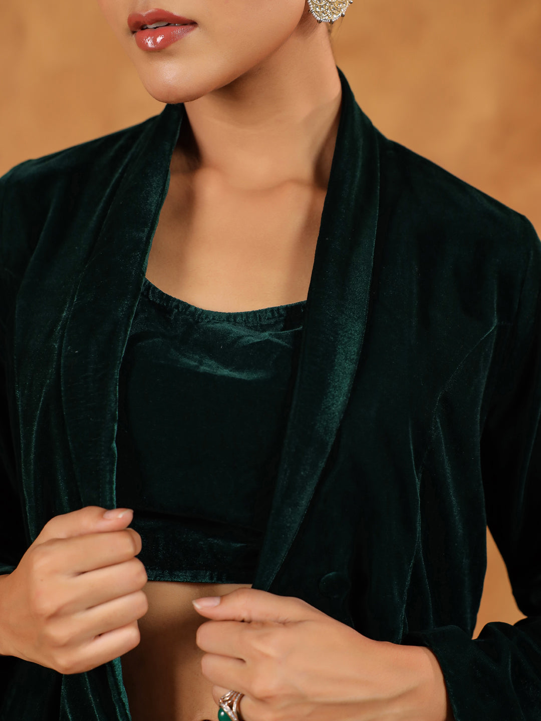 Janasya Green Velvet Solid Top,Bottom & Jacket 