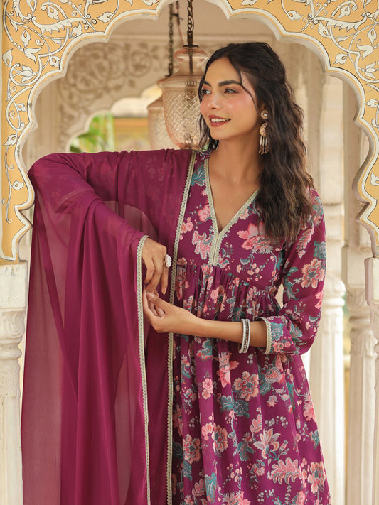 Janasya Purple Weightless Georgette Printed Kurta,Bottom & Dupatta 