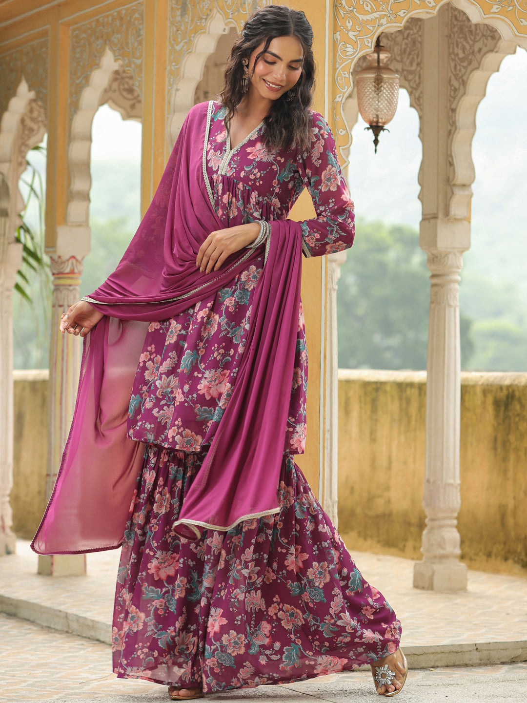 Janasya Purple Weightless Georgette Printed Kurta,Bottom & Dupatta 