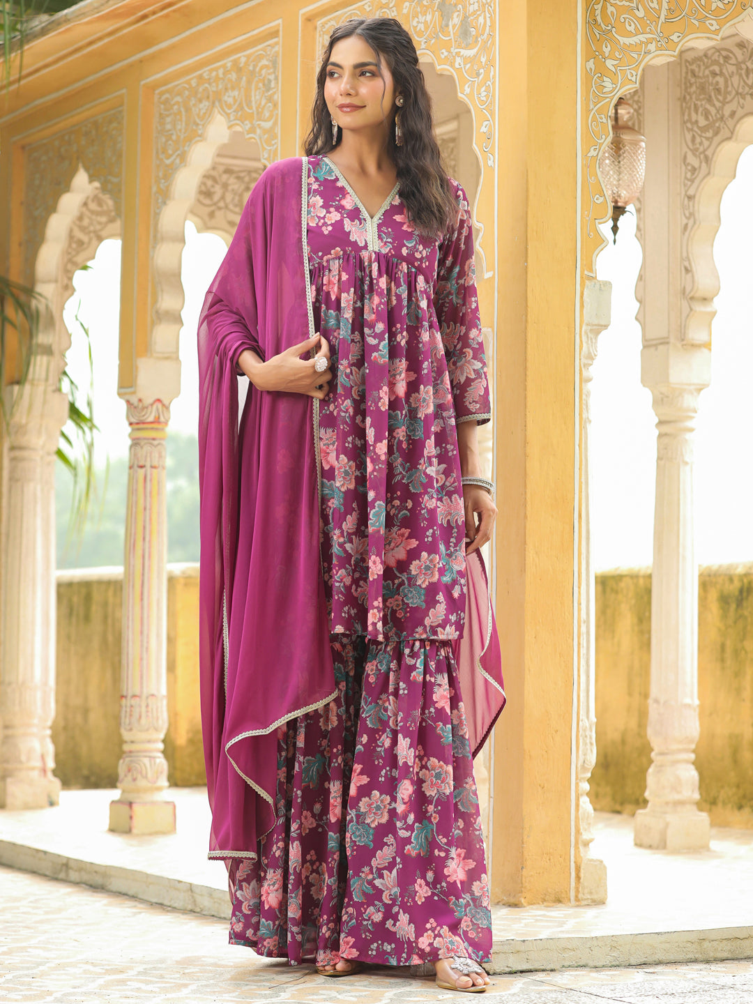 Janasya Purple Weightless Georgette Printed Kurta,Bottom & Dupatta 