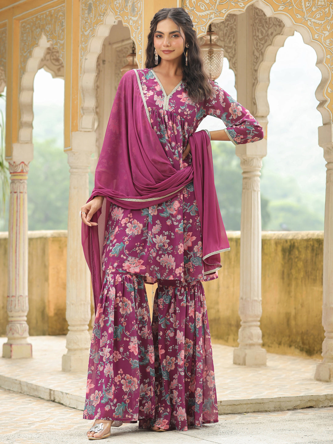 Janasya Purple Weightless Georgette Printed Kurta,Bottom & Dupatta 