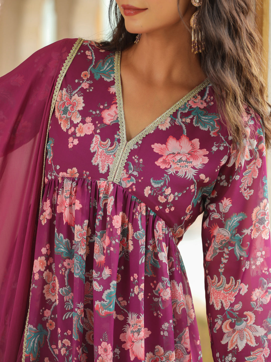 Janasya Purple Weightless Georgette Printed Kurta,Bottom & Dupatta 