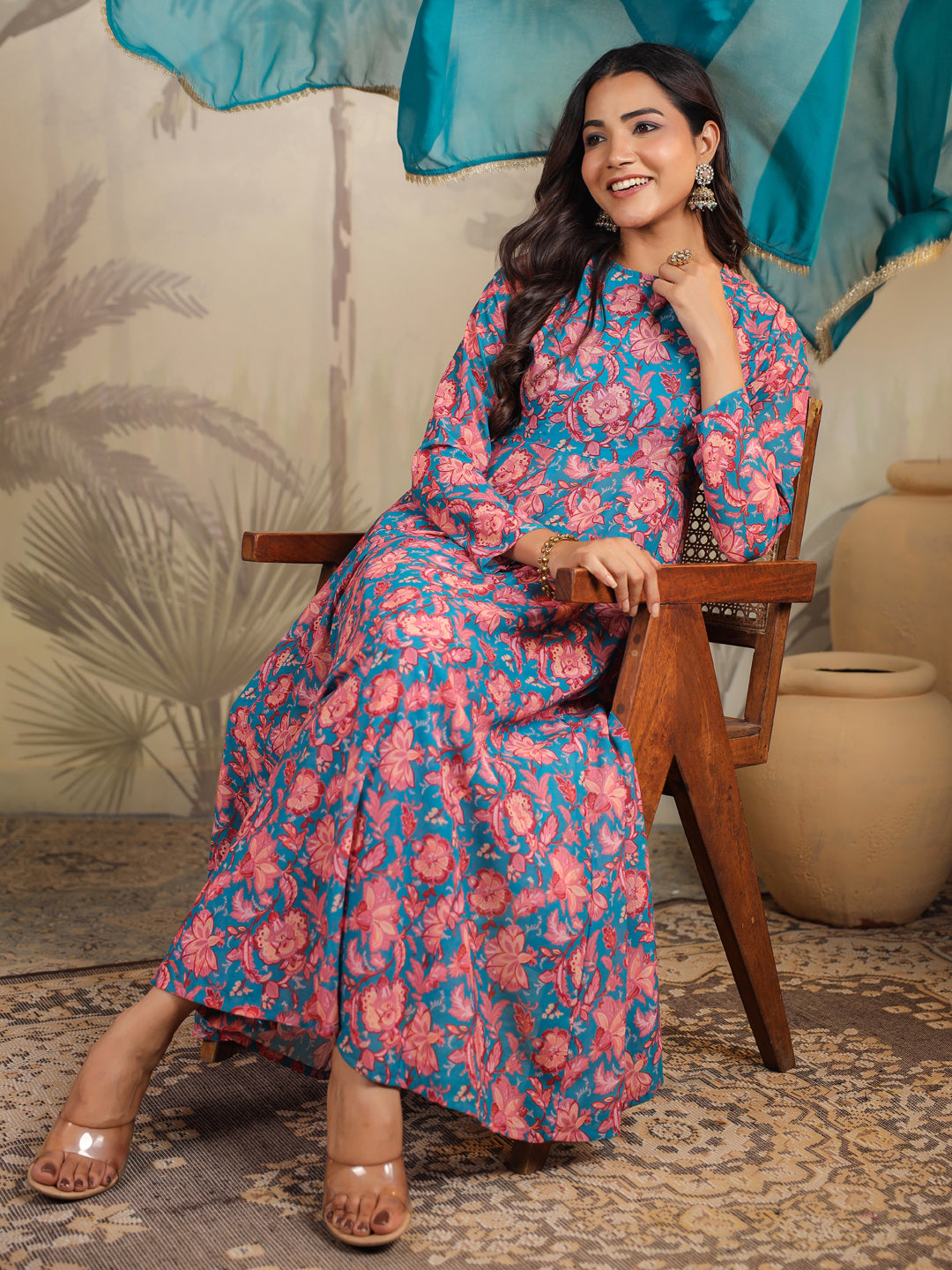 Janasya Teal Weightless Georgette Floral Kurta,Bottom & Dupatta 