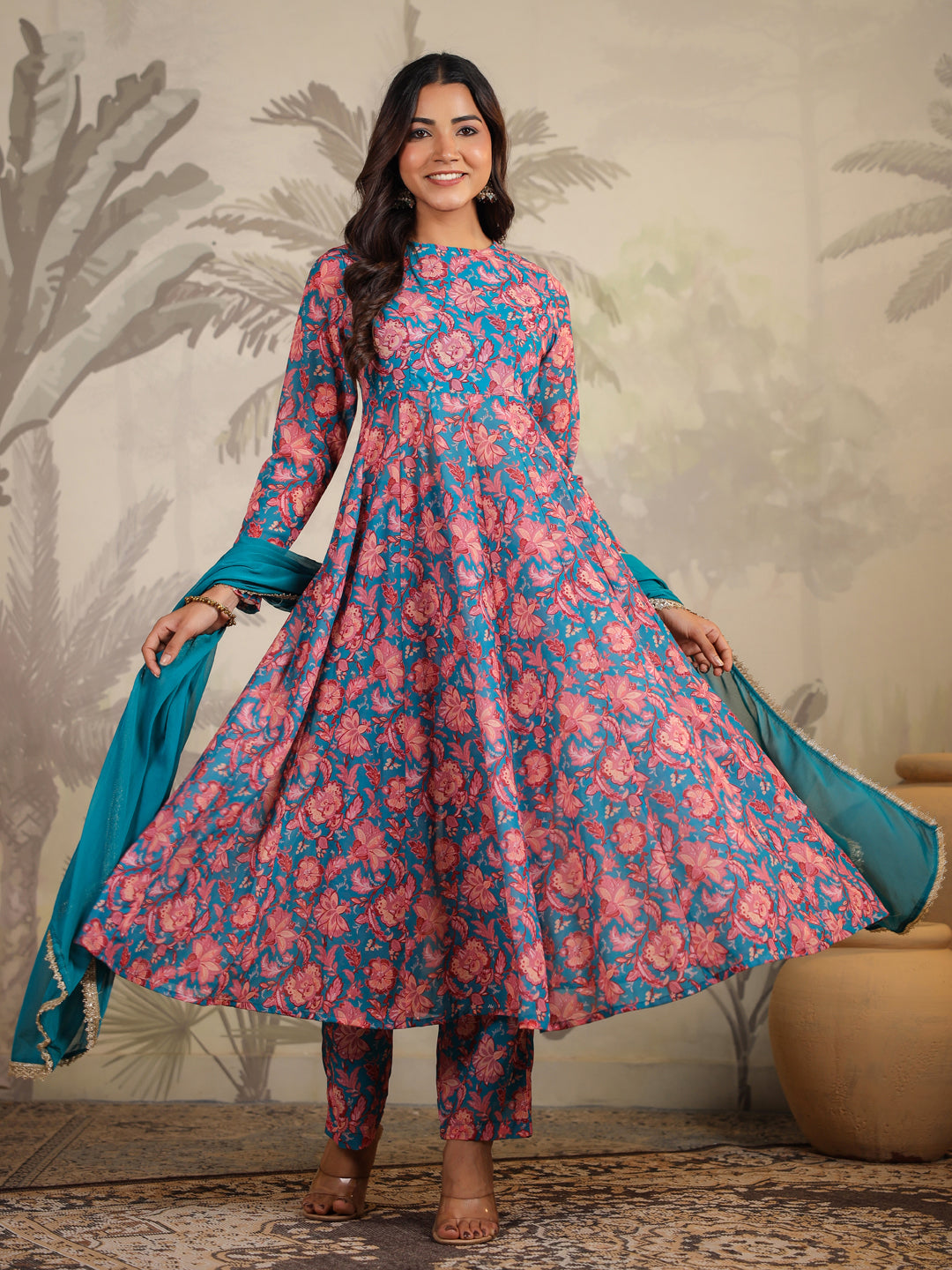 Janasya Teal Weightless Georgette Floral Kurta,Bottom & Dupatta 