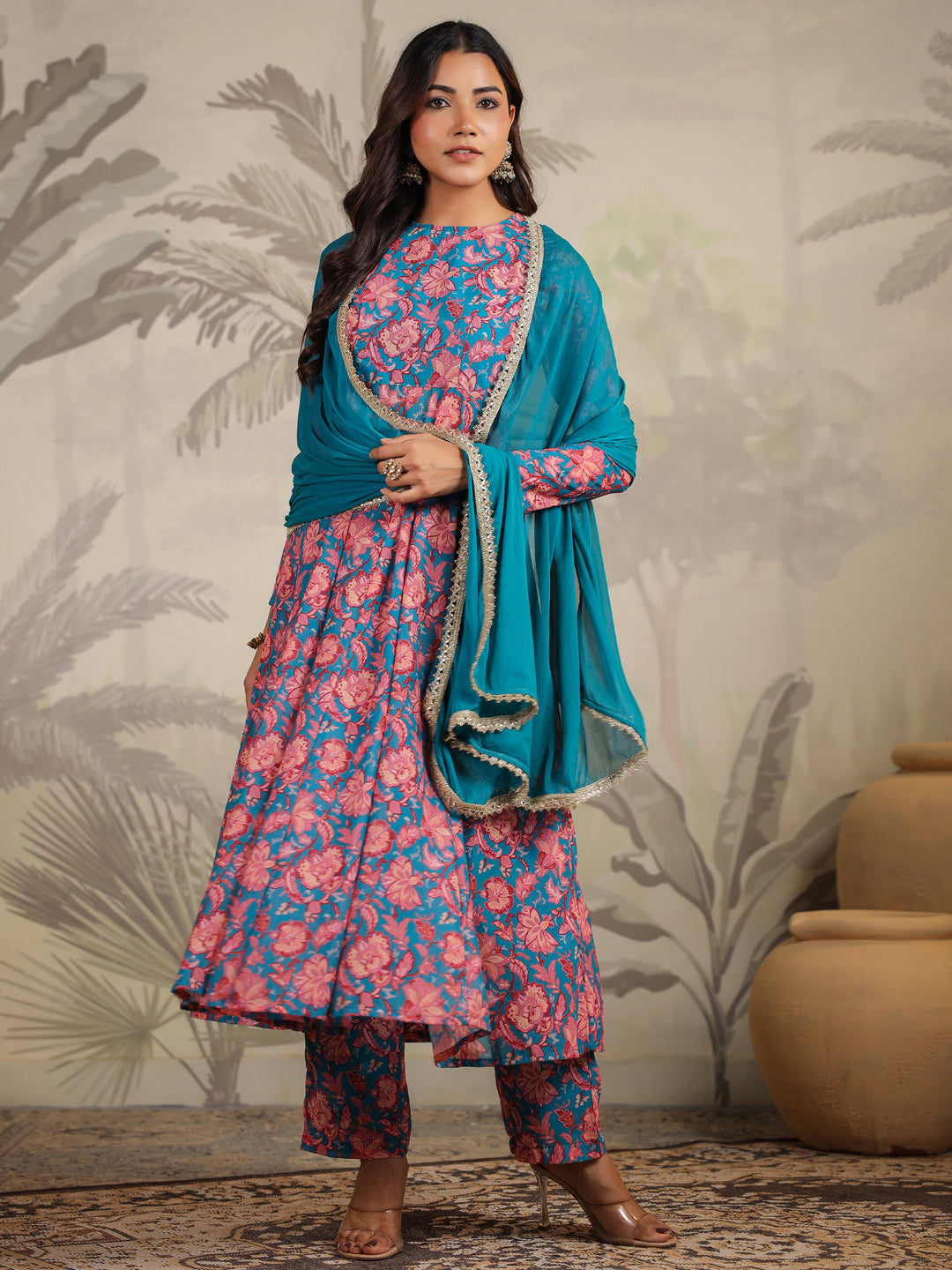 Janasya Teal Weightless Georgette Floral Kurta,Bottom & Dupatta 