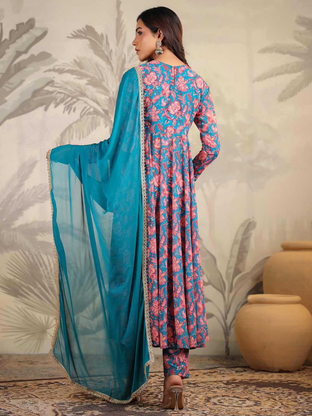 Janasya Teal Weightless Georgette Floral Kurta,Bottom & Dupatta 