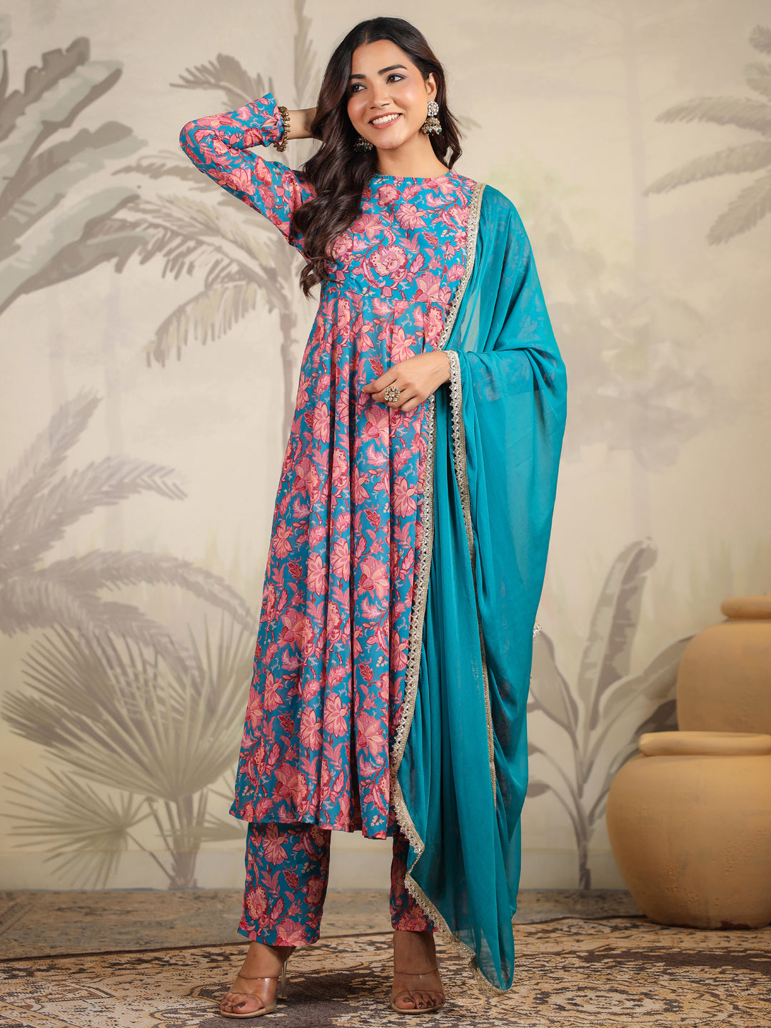 Janasya Teal Weightless Georgette Floral Kurta,Bottom & Dupatta 