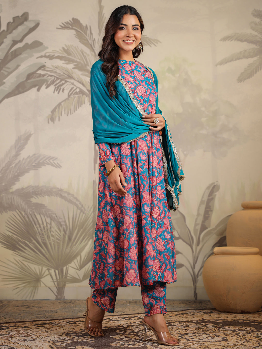 Janasya Teal Weightless Georgette Floral Kurta,Bottom & Dupatta 
