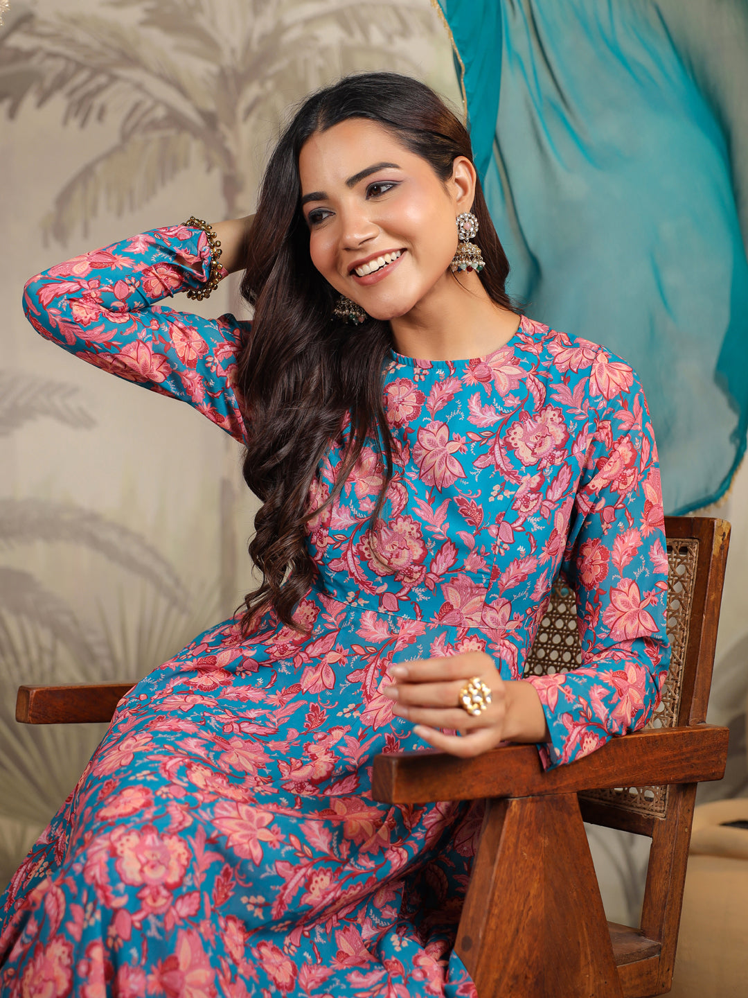 Janasya Teal Weightless Georgette Floral Kurta,Bottom & Dupatta 