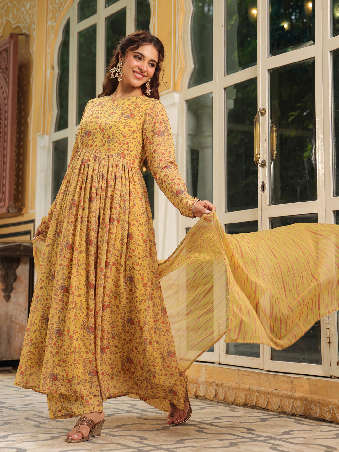 Janasya Mustard Georgette Floral Kurta,Bottom & Dupatta 