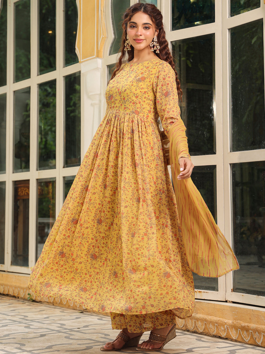Janasya Mustard Georgette Floral Kurta,Bottom & Dupatta 