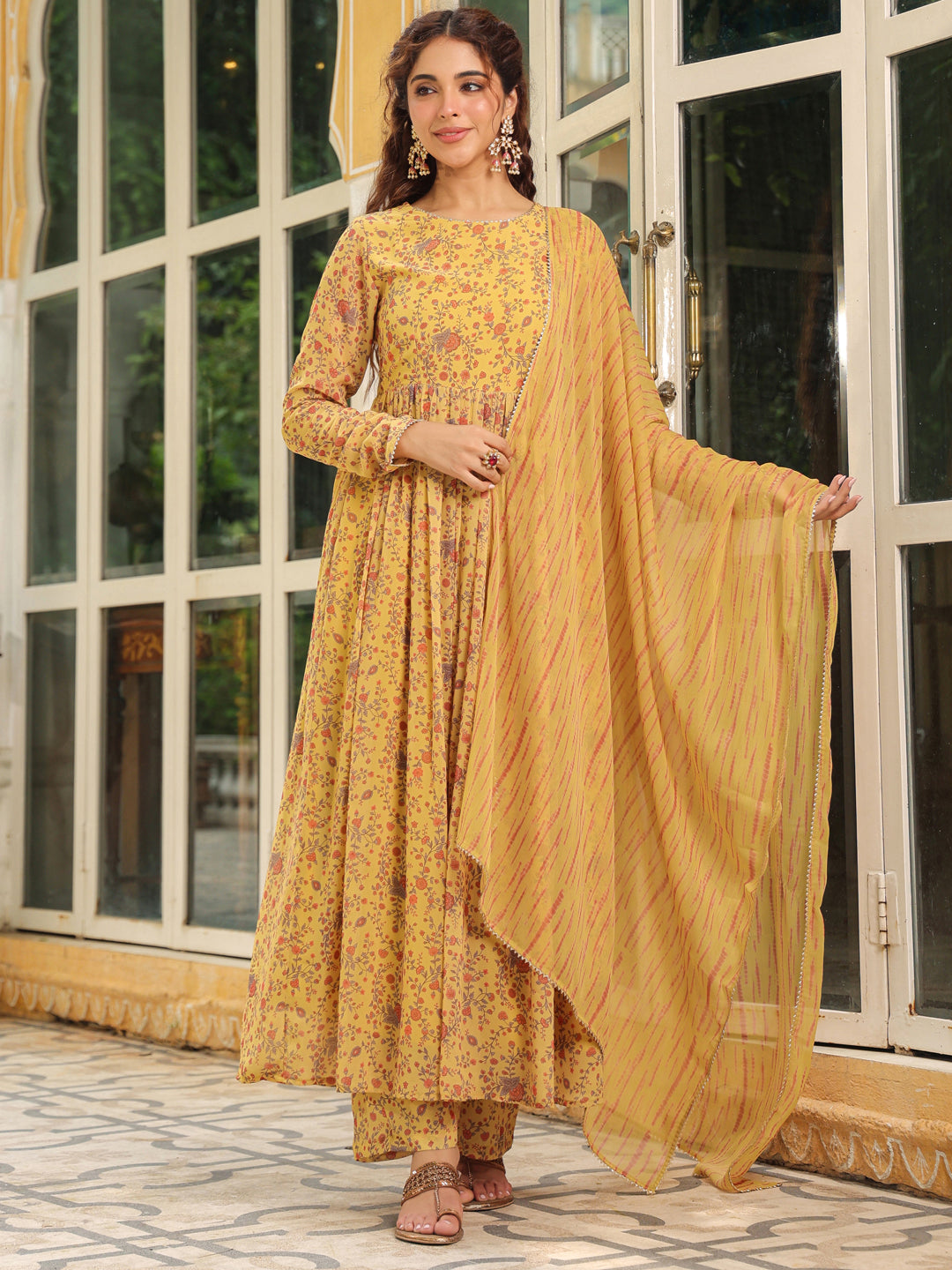 Janasya Mustard Georgette Floral Kurta,Bottom & Dupatta 