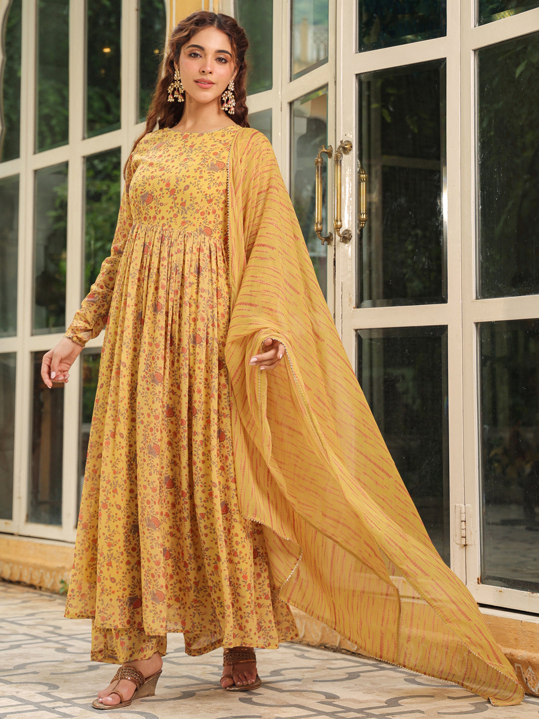 Janasya Mustard Georgette Floral Kurta,Bottom & Dupatta 
