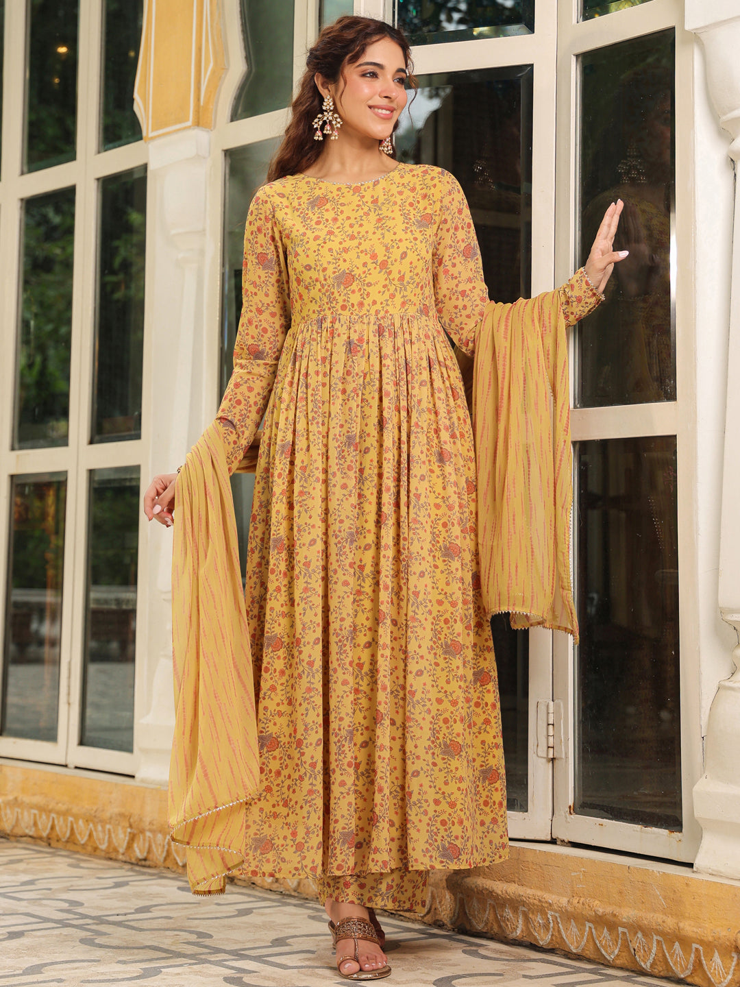 Janasya Mustard Georgette Floral Kurta,Bottom & Dupatta 
