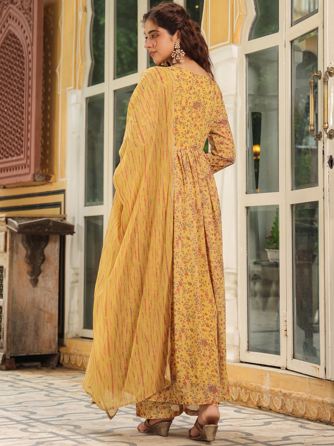 Janasya Mustard Georgette Floral Kurta,Bottom & Dupatta 