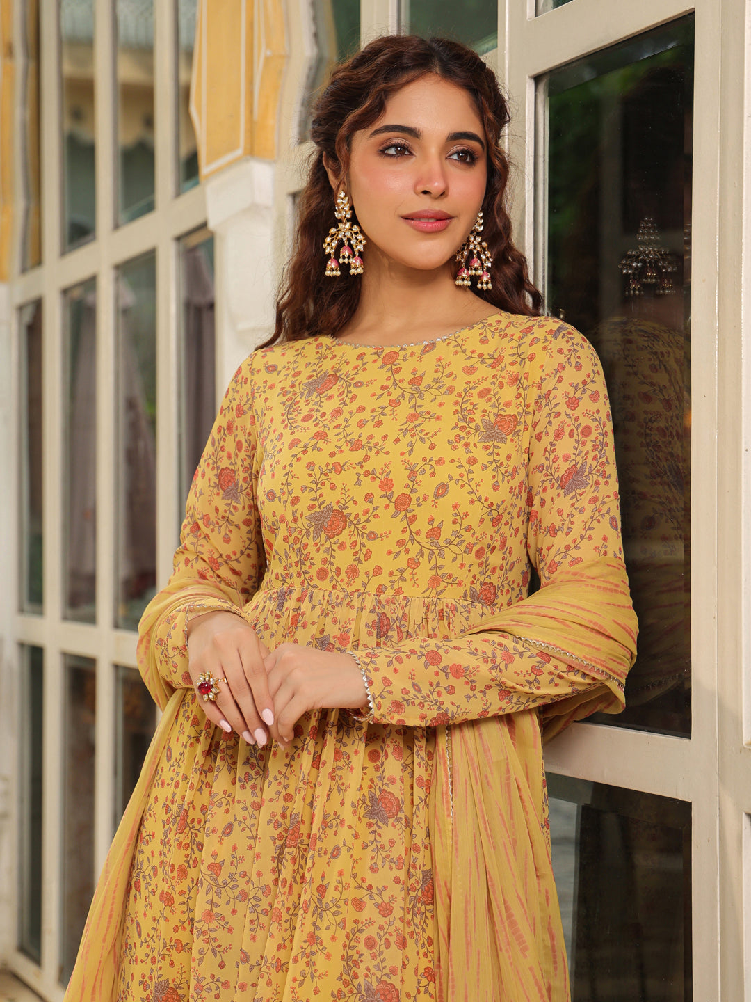 Janasya Mustard Georgette Floral Kurta,Bottom & Dupatta 