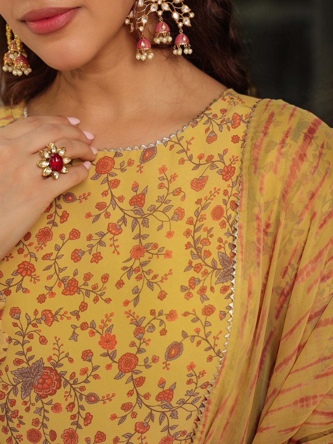 Janasya Mustard Georgette Floral Kurta,Bottom & Dupatta 