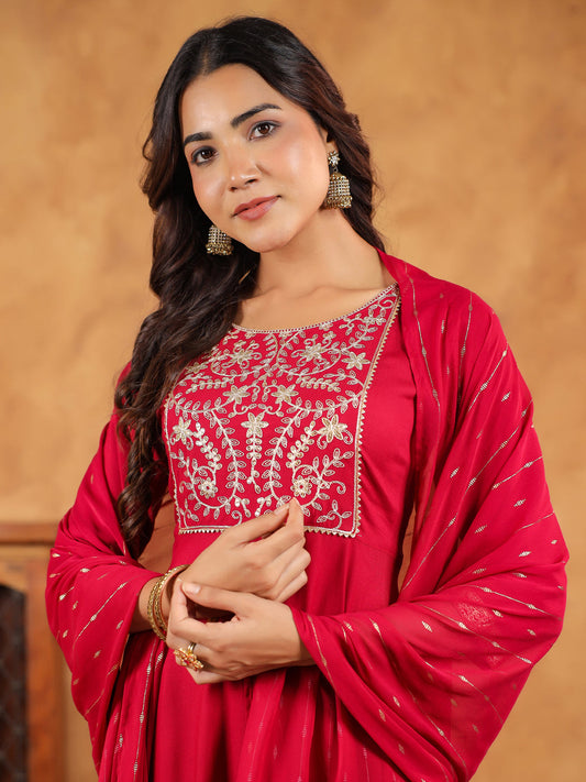 Janasya Pink Rayon Embroidered Kurta,Bottom & Dupatta 