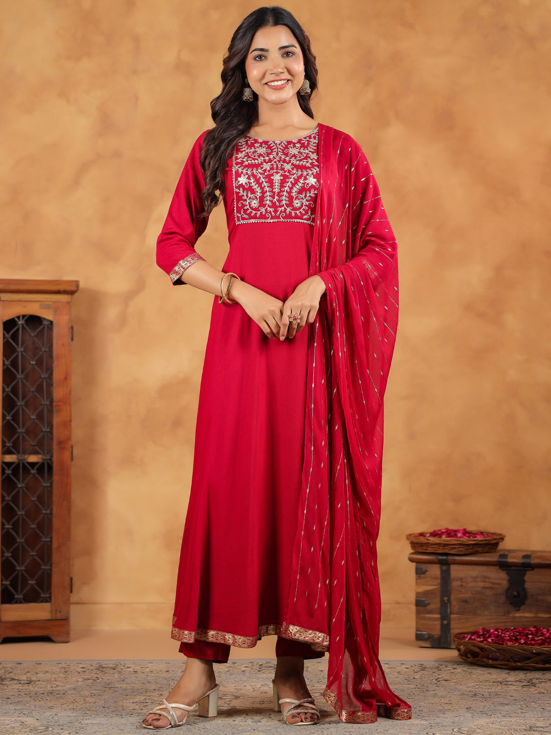 Janasya Pink Rayon Embroidered Kurta,Bottom & Dupatta 
