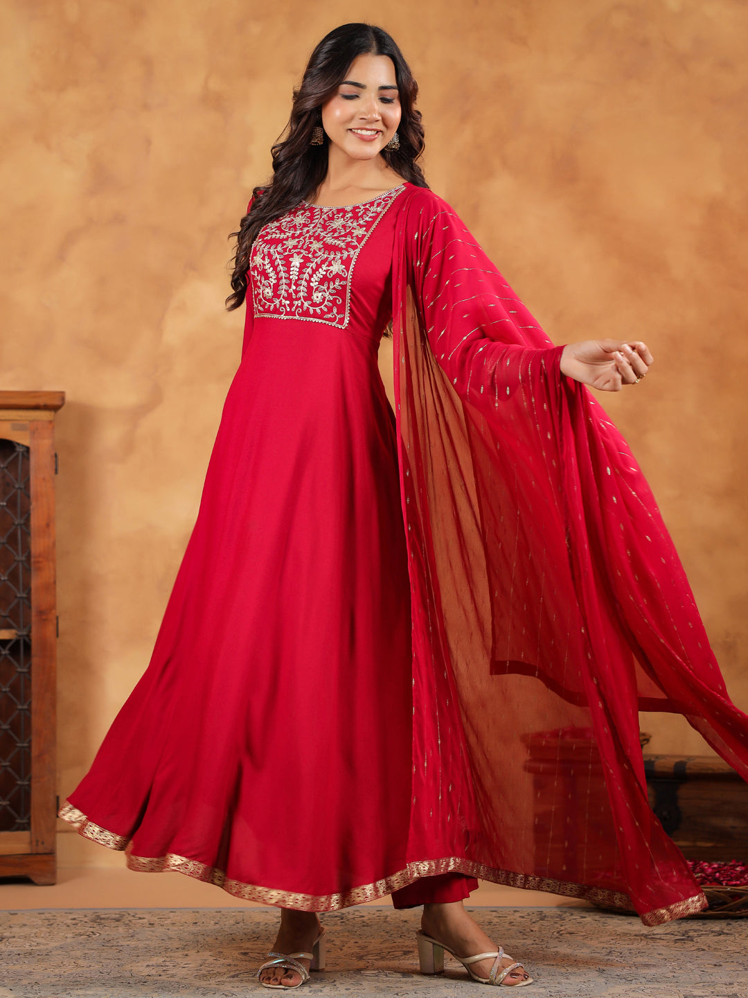 Janasya Pink Rayon Embroidered Kurta,Bottom & Dupatta 
