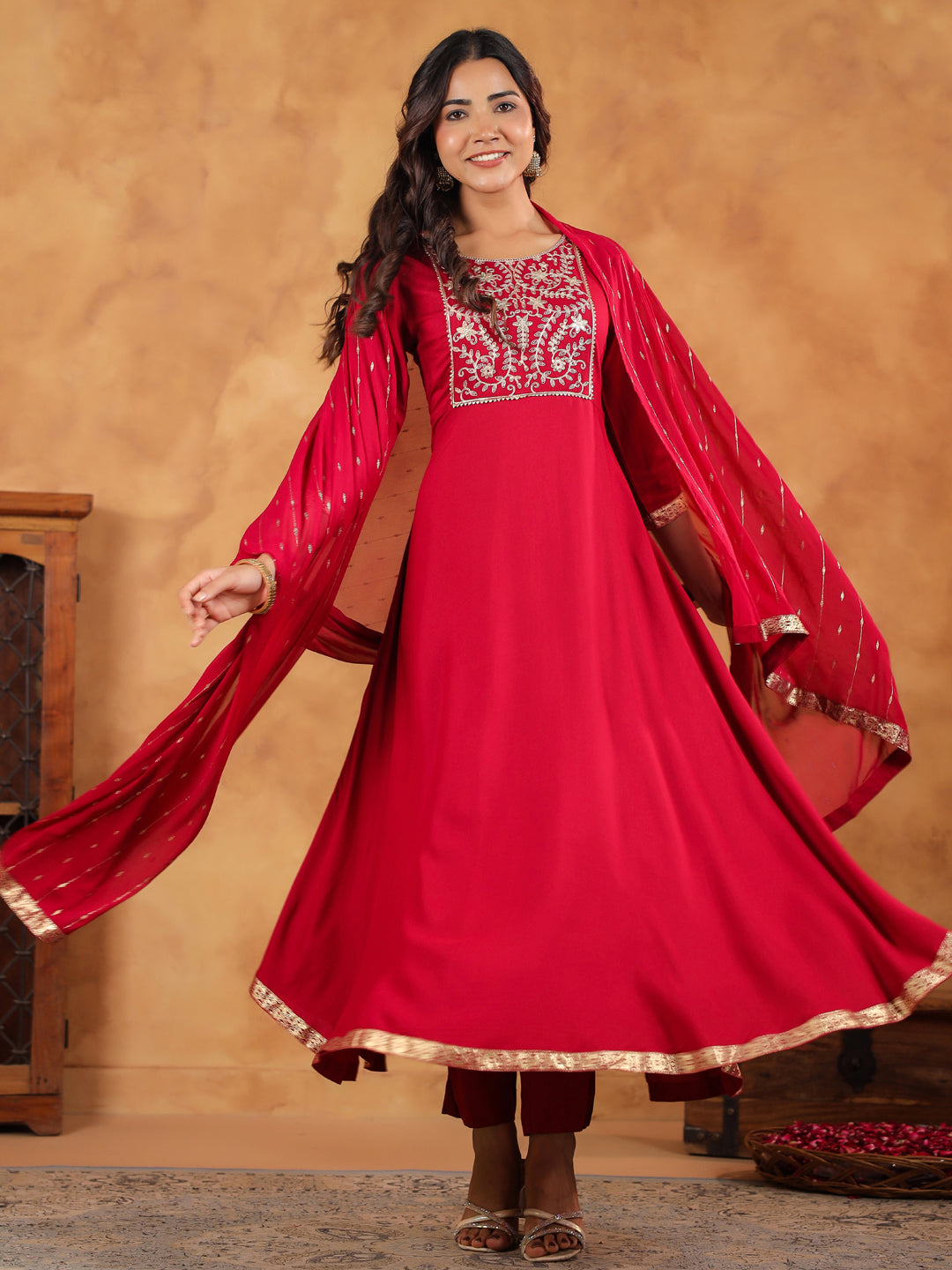 Janasya Pink Rayon Embroidered Kurta,Bottom & Dupatta 