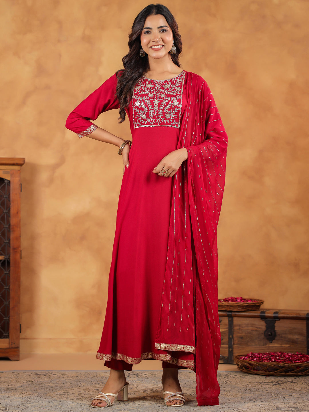 Janasya Pink Rayon Embroidered Kurta,Bottom & Dupatta 