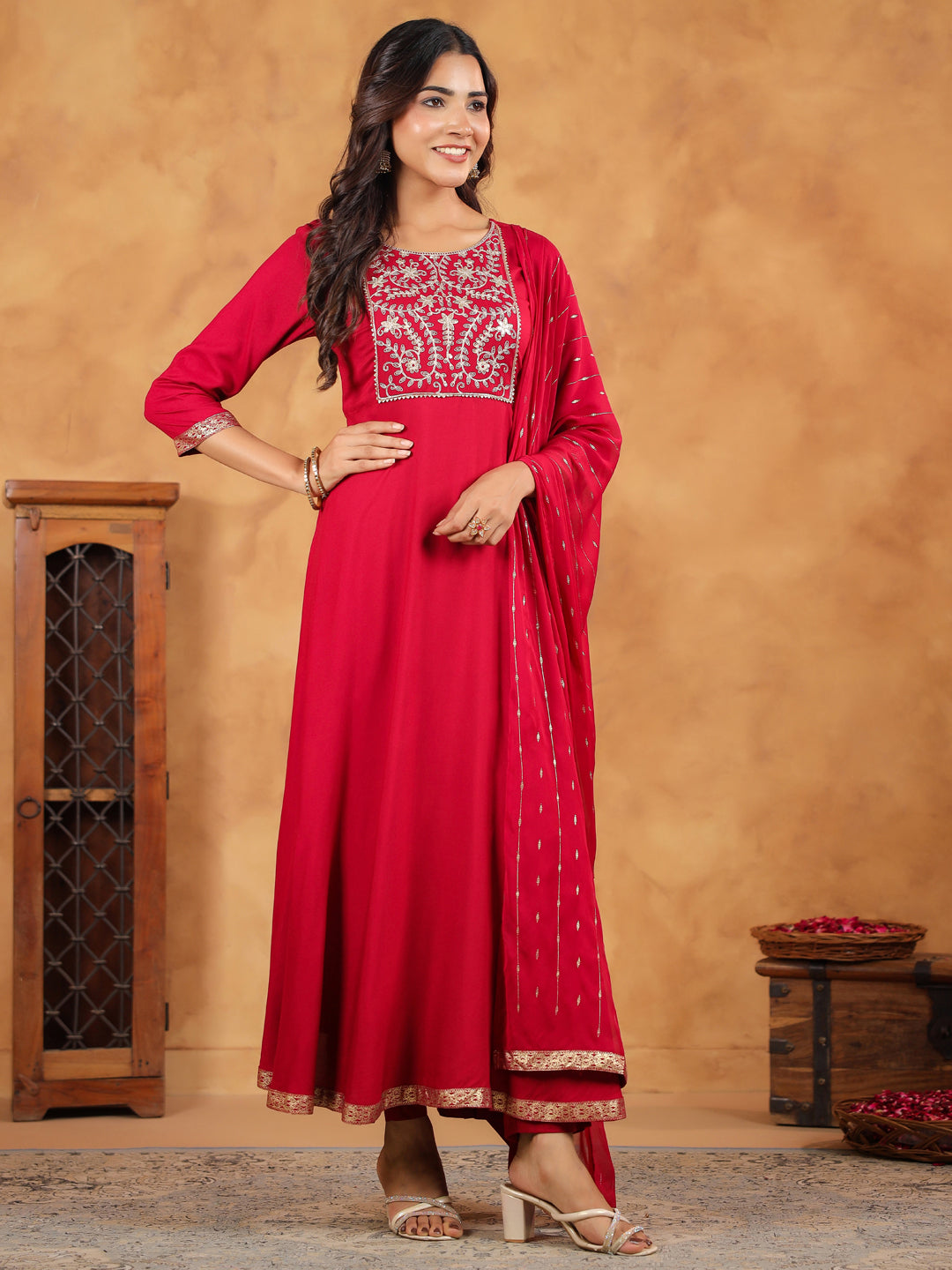 Janasya Pink Rayon Embroidered Kurta,Bottom & Dupatta 