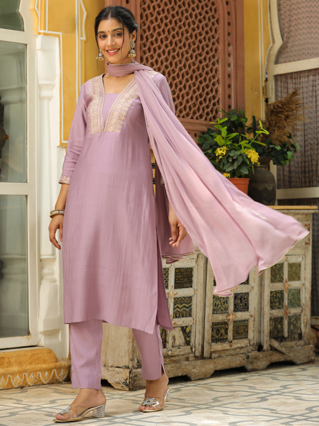 Janasya Lavender Premium Chinnon Embroidered Kurta,Bottom & Dupatta 