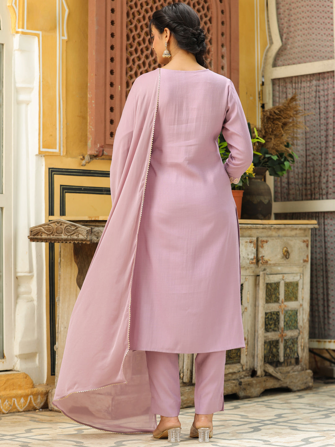 Janasya Lavender Premium Chinnon Embroidered Kurta,Bottom & Dupatta 