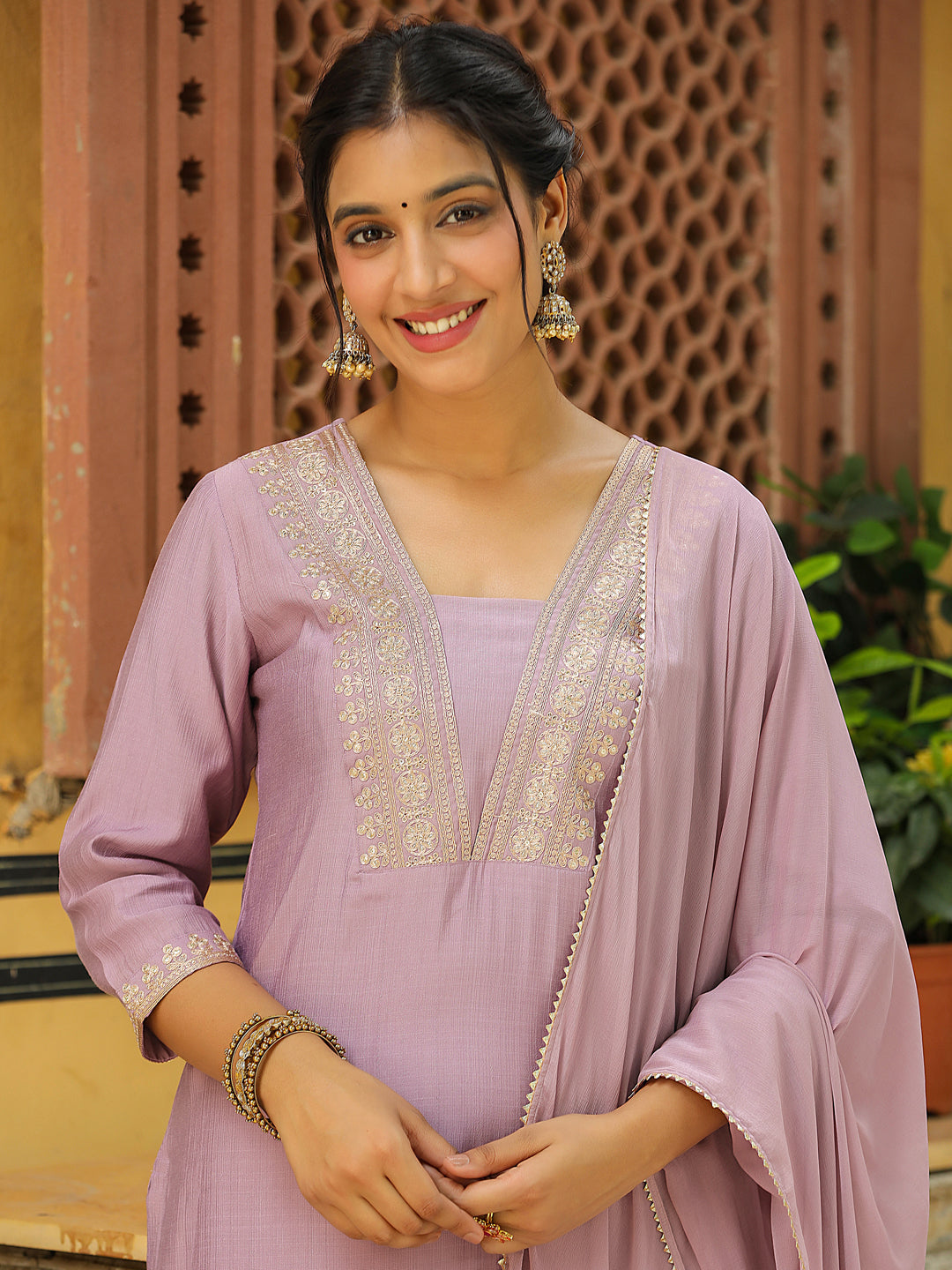 Janasya Lavender Premium Chinnon Embroidered Kurta,Bottom & Dupatta 