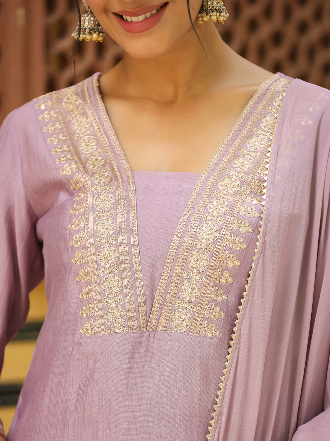 Janasya Lavender Premium Chinnon Embroidered Kurta,Bottom & Dupatta 