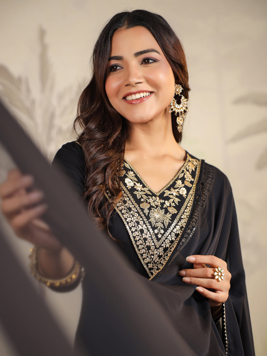 Janasya Dark Rayon Embroidered Anarkali Kurta Set 