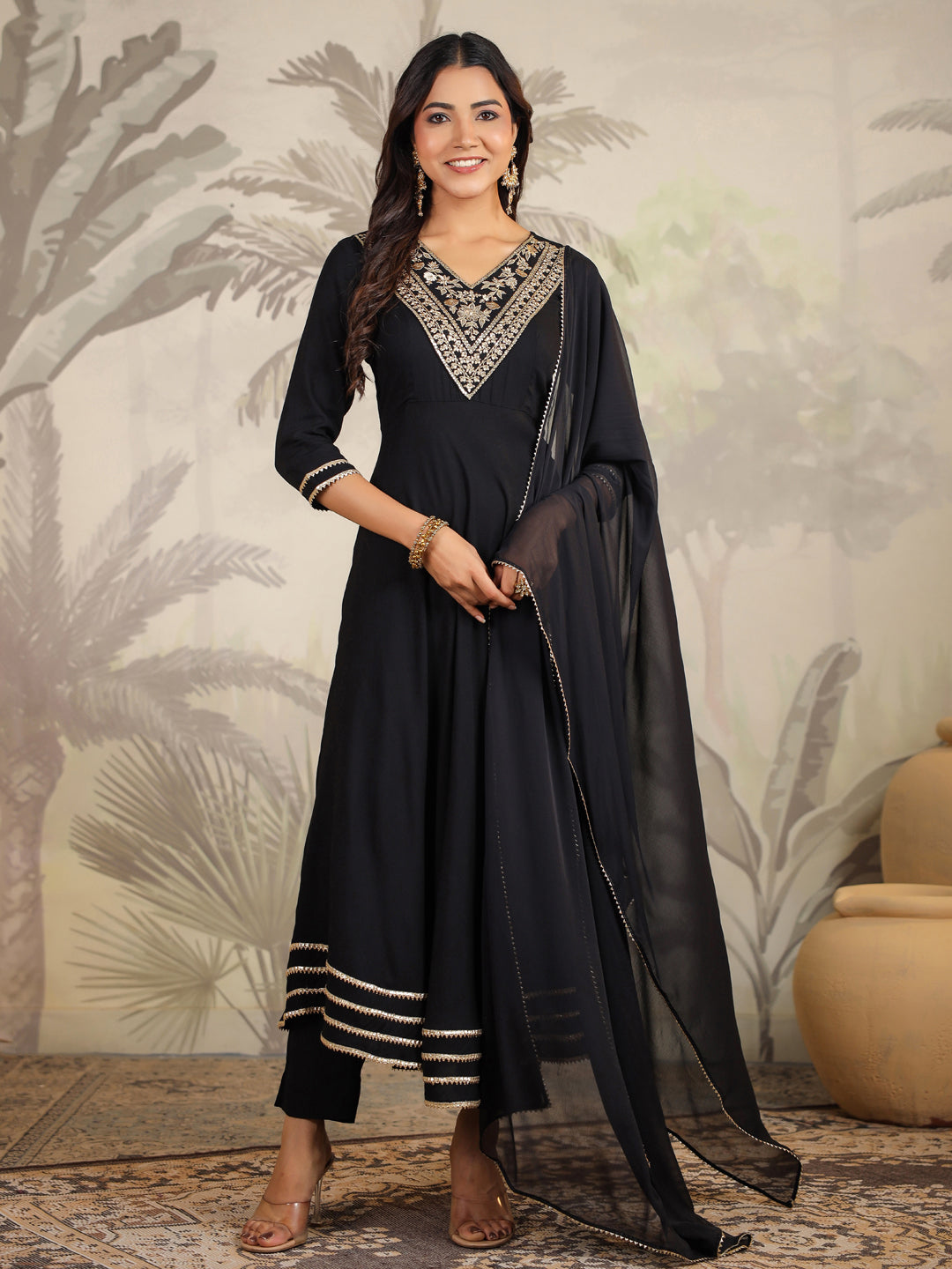 Janasya Dark Rayon Embroidered Anarkali Kurta Set 