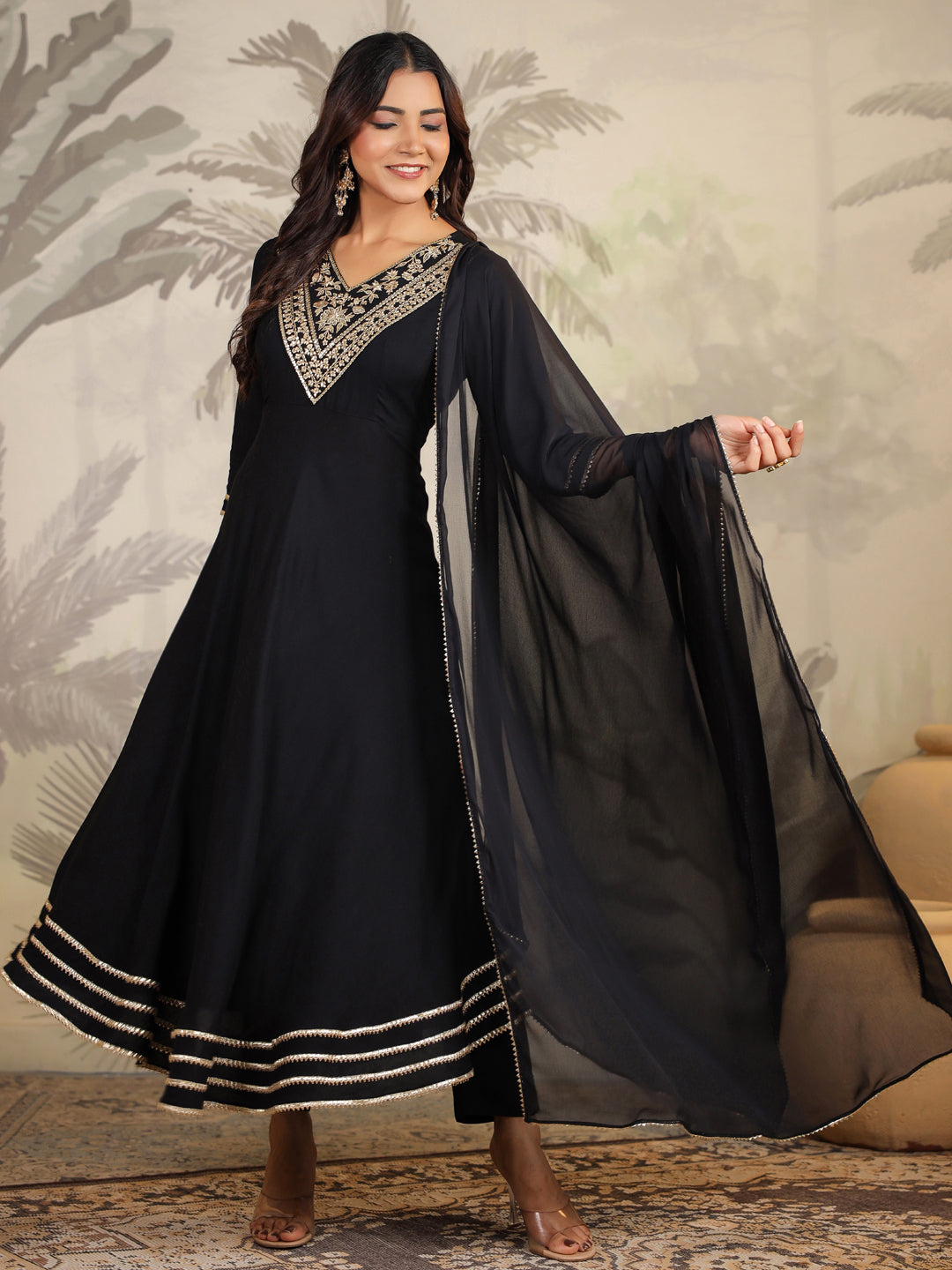 Janasya Dark Rayon Embroidered Anarkali Kurta Set 