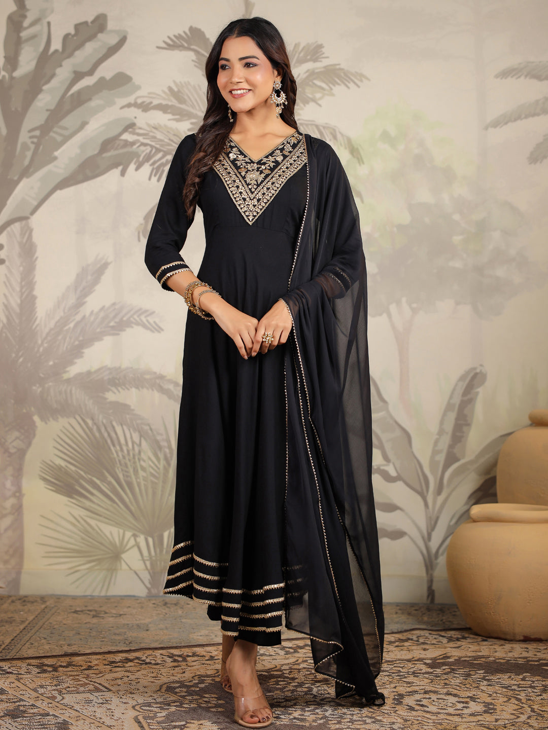Janasya Dark Rayon Embroidered Anarkali Kurta Set 