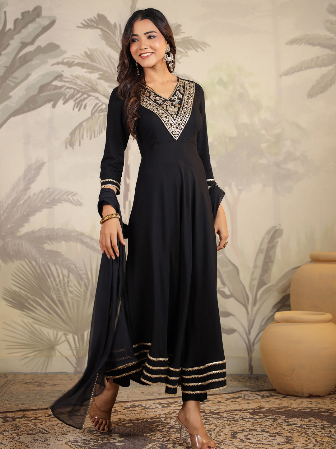 Janasya Dark Rayon Embroidered Anarkali Kurta Set 