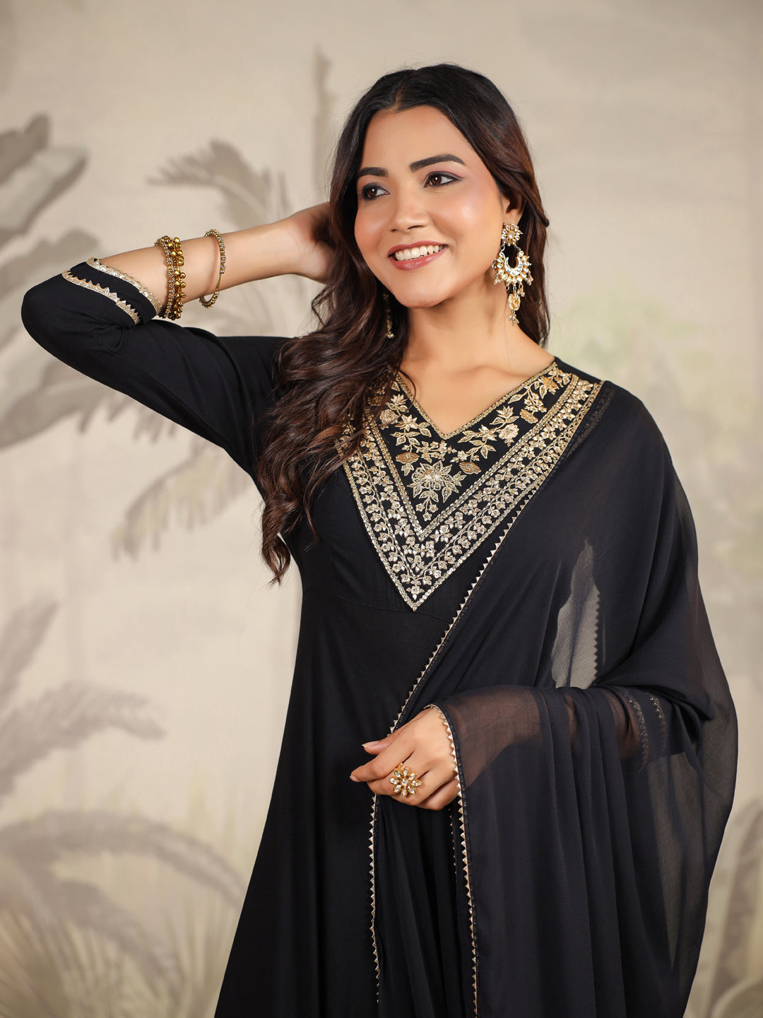 Janasya Dark Rayon Embroidered Anarkali Kurta Set 