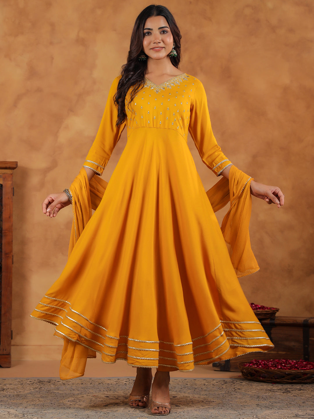Janasya Bright Rayon Embroidered Anarkali Kurta Set 